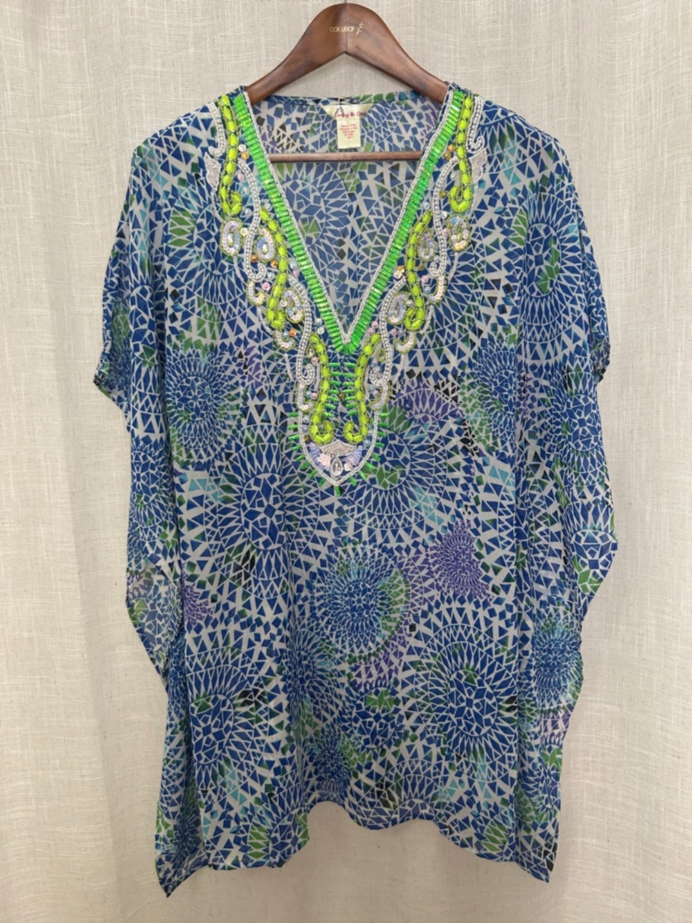 Lucky & CoCo Beaded V-Neck Blue & Green Mosaic Swimsuit Cover-Up Size Small
